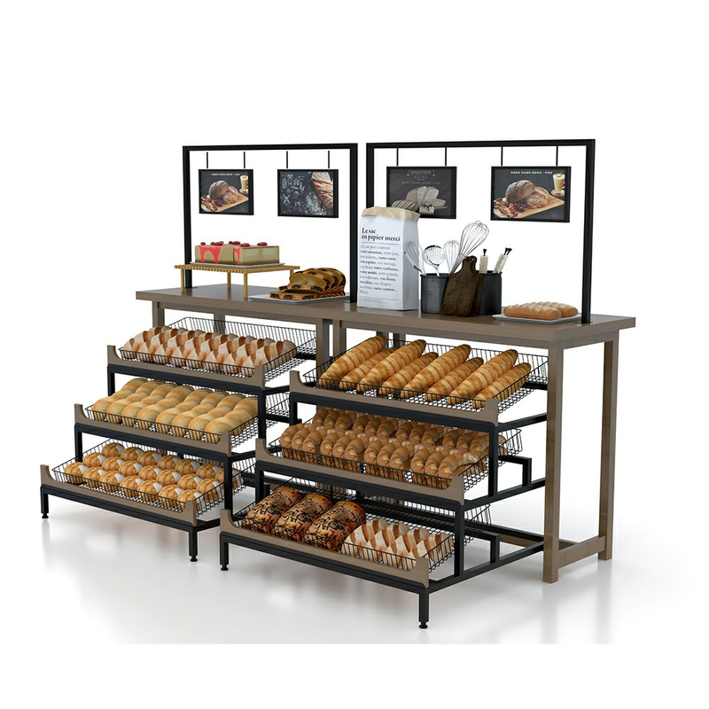 Étagère d'affichage de boulangerie en bois